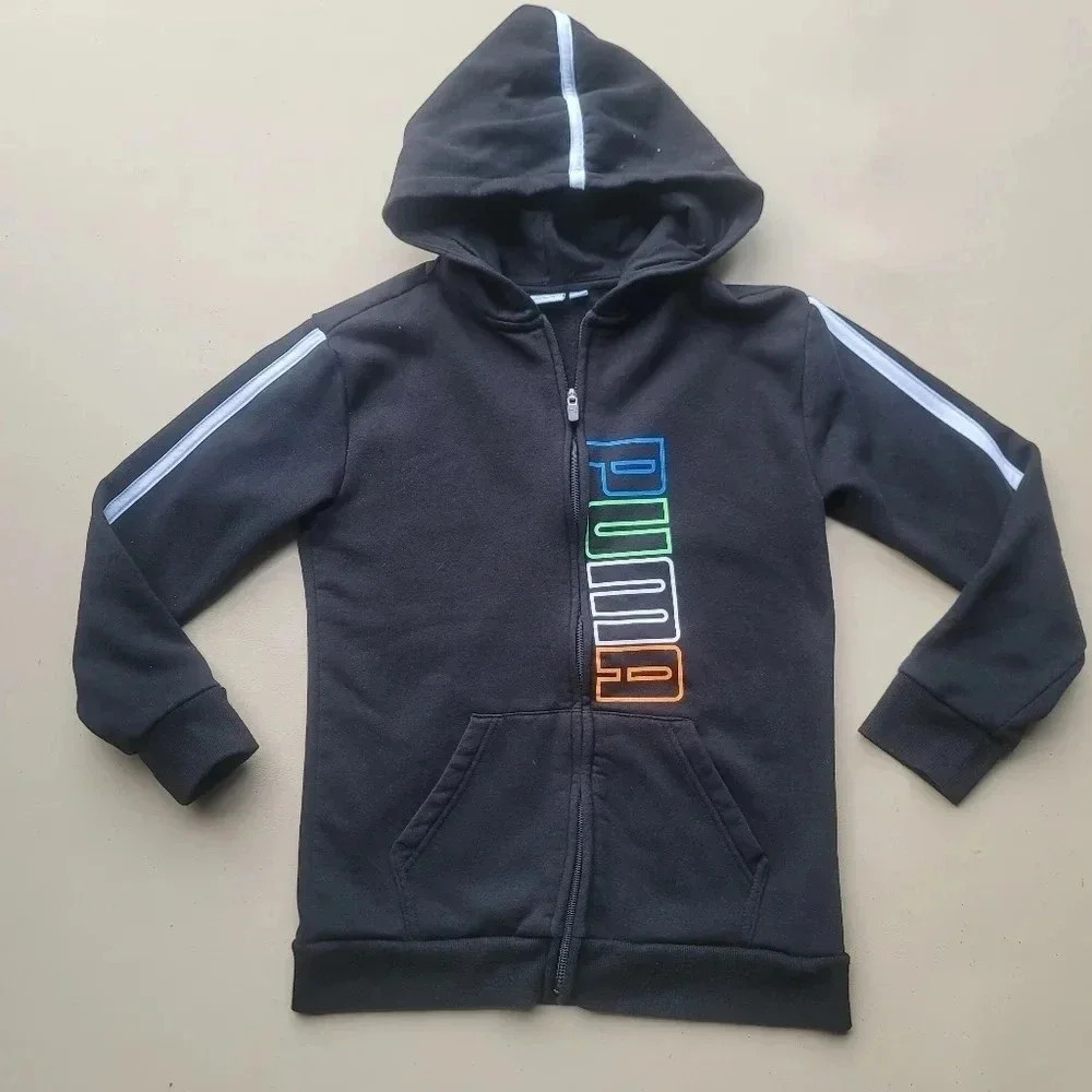 Puma Boys Zip Front Sweatshirt Hoodie Jacket Black Cotton Blend Logo L (14/16)